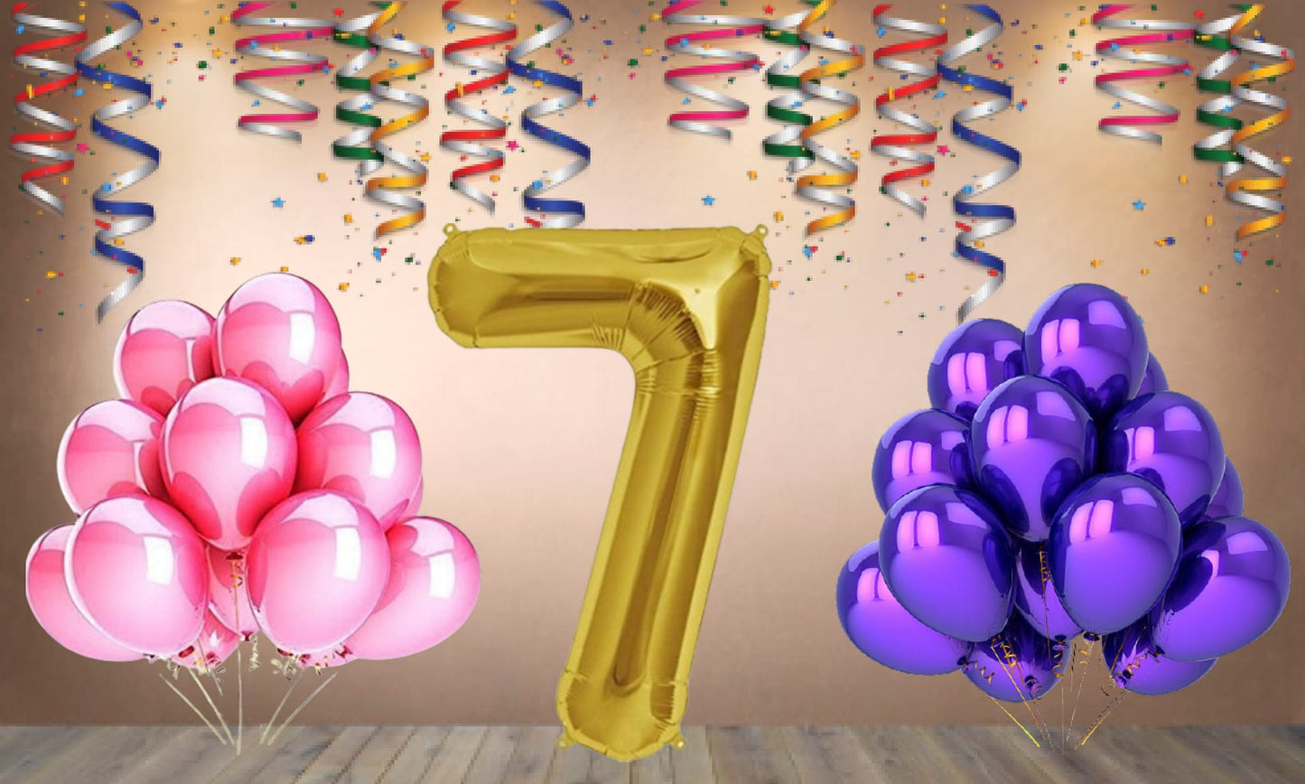 Number 7 Gold Foil Balloon and 25 Nos Pink and Purple Color Latex Balloon Combo