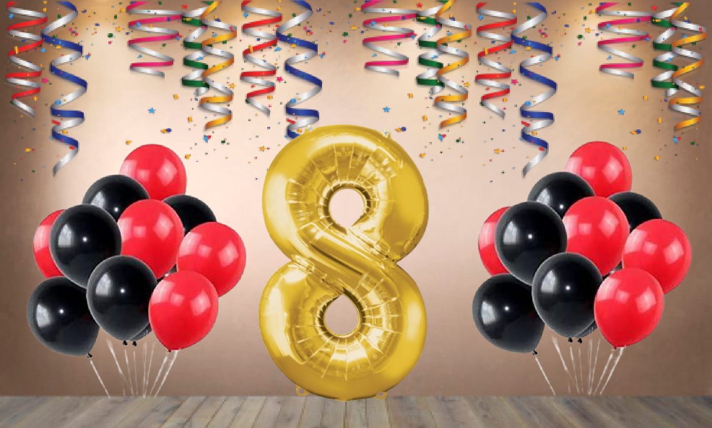 Number  9 Gold Foil Balloon and 25 Nos Black and Red Color Latex Balloon Combo