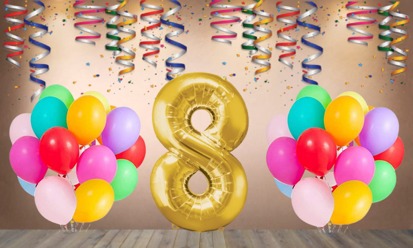 Number 8  Gold Foil Balloon and 25 Nos Multicolor Color Latex Balloon Combo