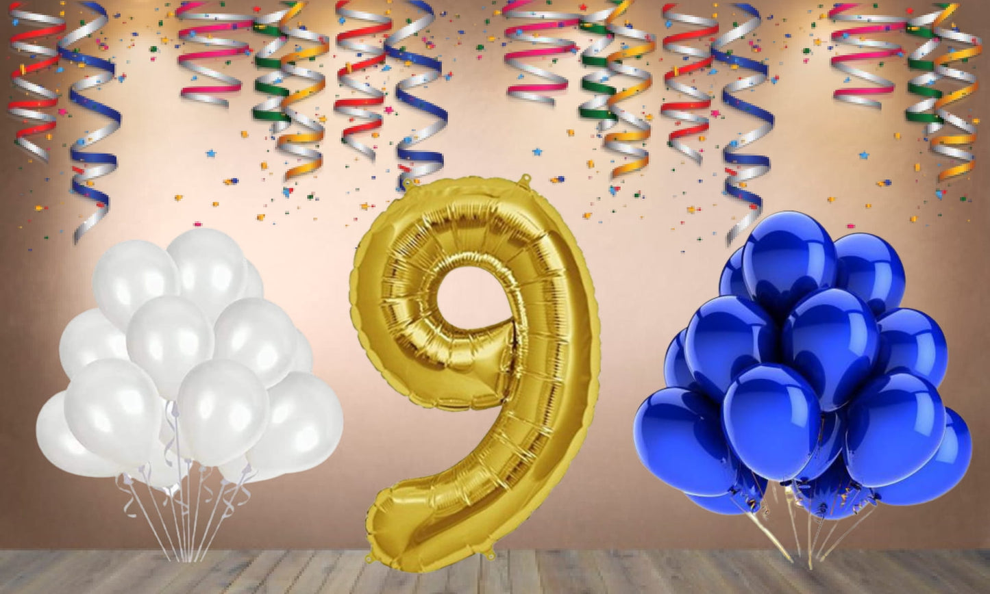 Number  9 Gold Foil Balloon and 25 Nos Blue and White Color Latex Balloon Combo