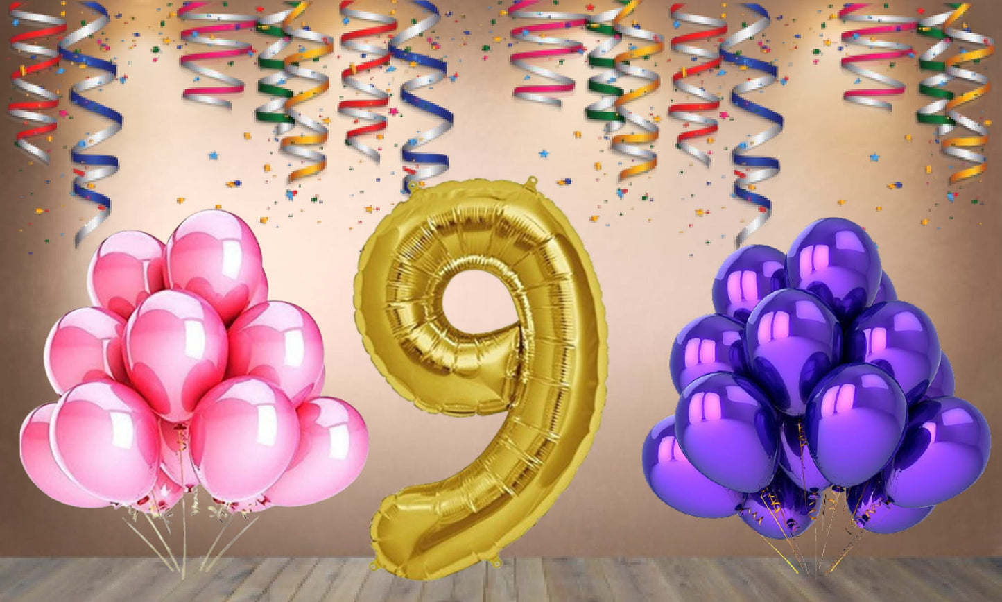 Number 9 Gold Foil Balloon and 25 Nos Pink and Purple Color Latex Balloon Combo