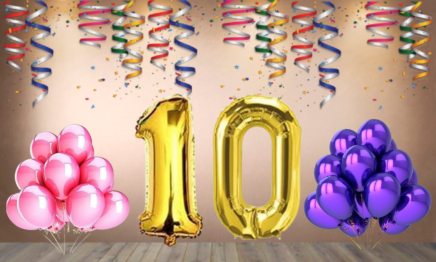 Number 10 Gold Foil Balloon and 25 Nos Pink and Purple Color Latex Balloon Combo