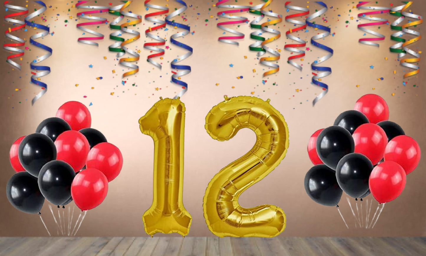 Number  12 Gold Foil Balloon and 25 Nos Black and Red Color Latex Balloon Combo