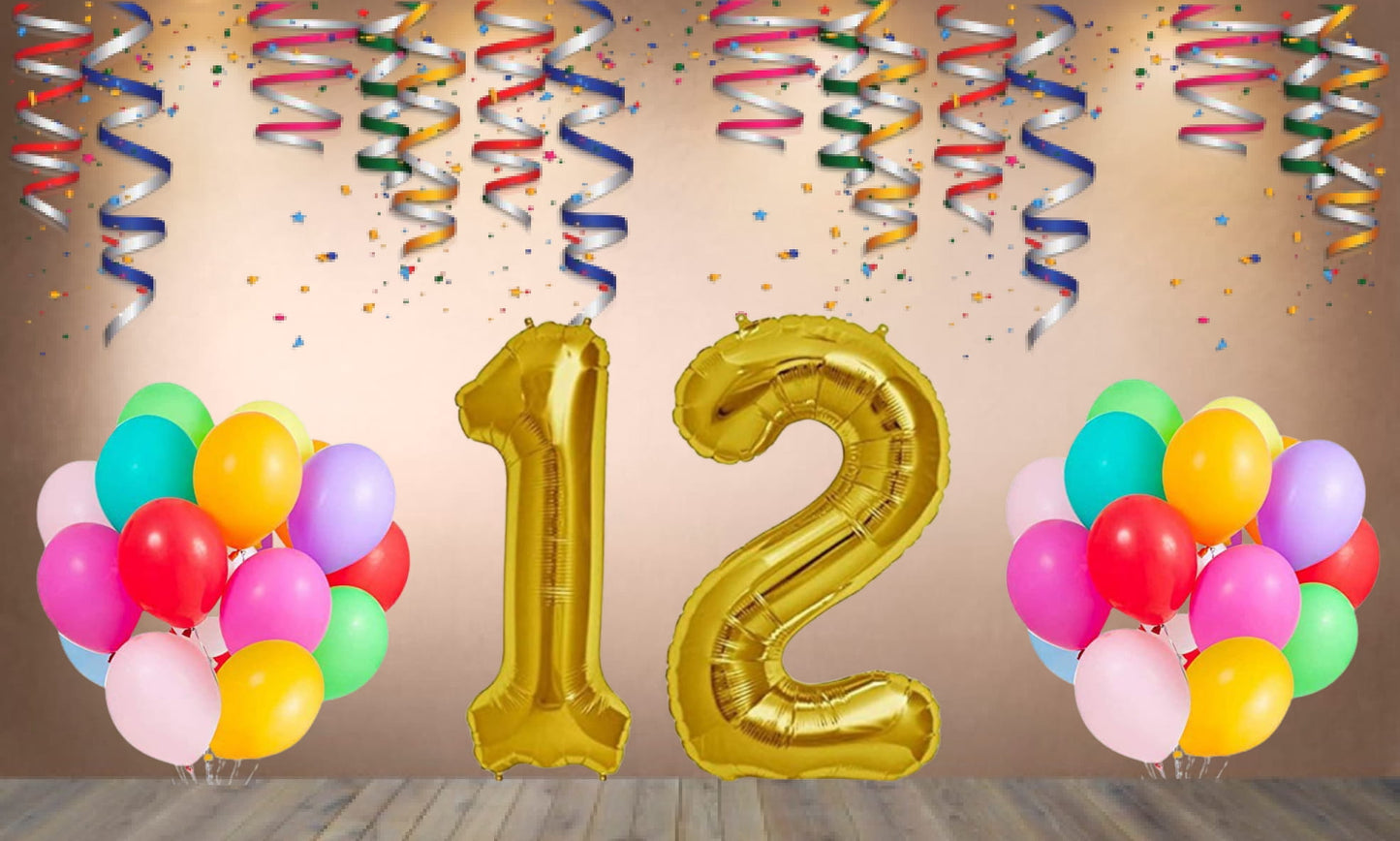 Number  12 Gold Foil Balloon and 25 Nos Multicolor Color Latex Balloon Combo