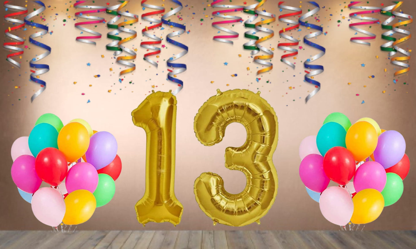 Number  13 Gold Foil Balloon and 25 Nos Multicolor Color Latex Balloon Combo