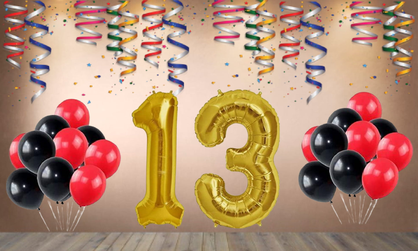 Number  13 Gold Foil Balloon and 25 Nos Black and Red Color Latex Balloon Combo