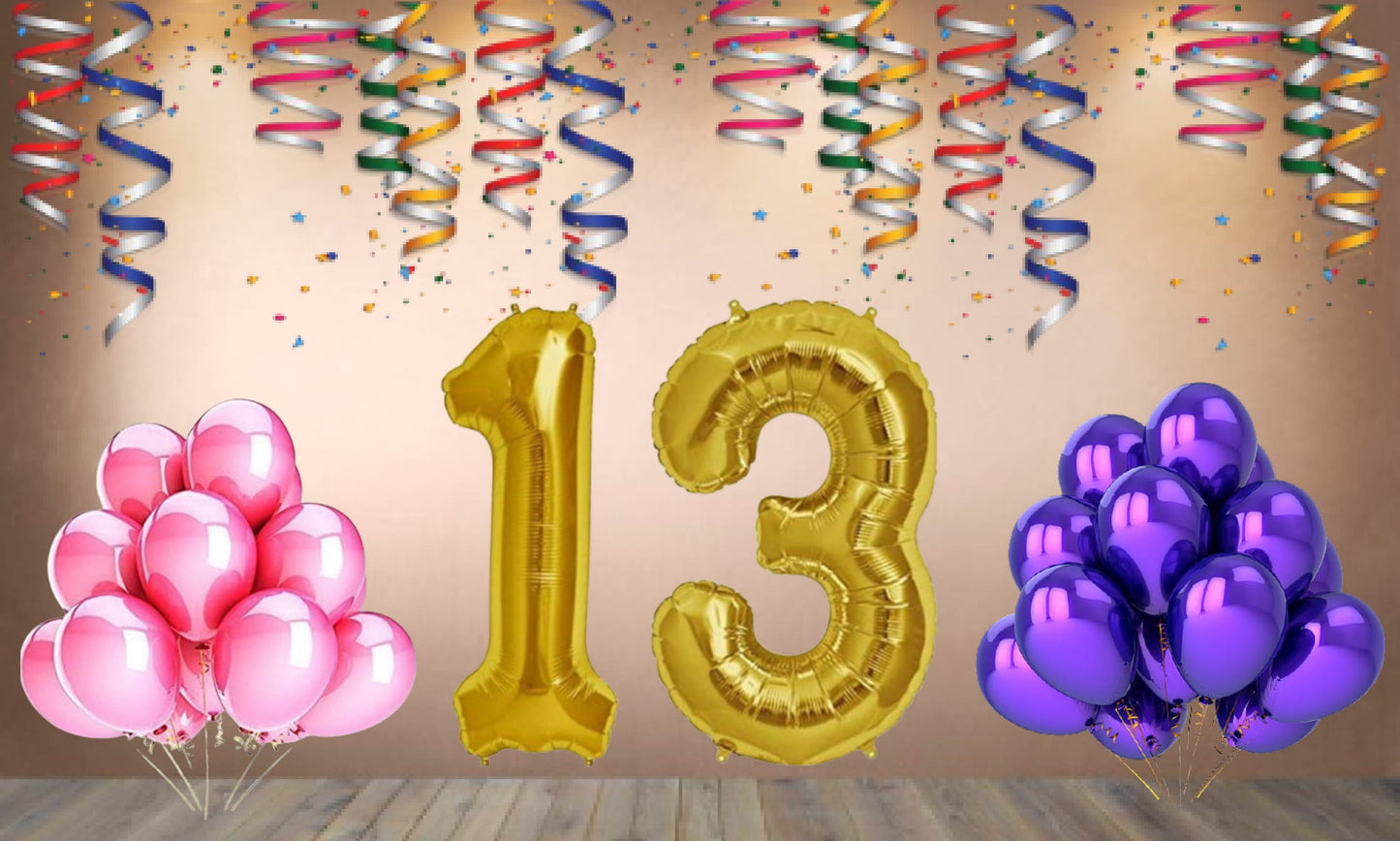 Number 13 Gold Foil Balloon and 25 Nos Pink and Purple Color Latex Balloon Combo
