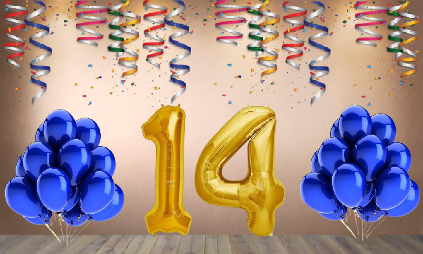 Number 14  Gold Foil Balloon and 25 Nos Blue Color Latex Balloon Combo
