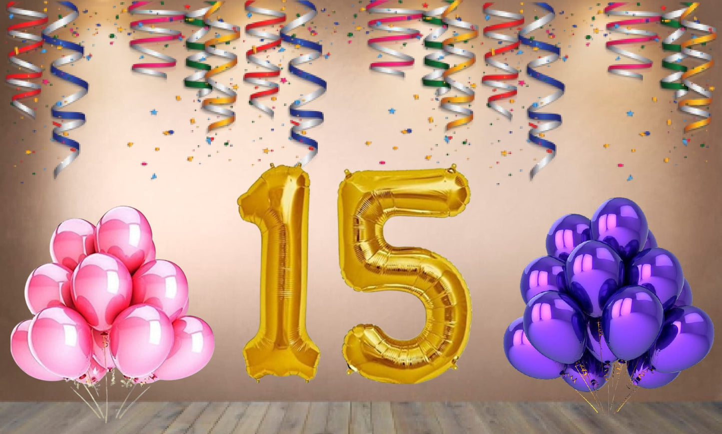 Number 15 Gold Foil Balloon and 25 Nos Pink and Purple Color Latex Balloon Combo