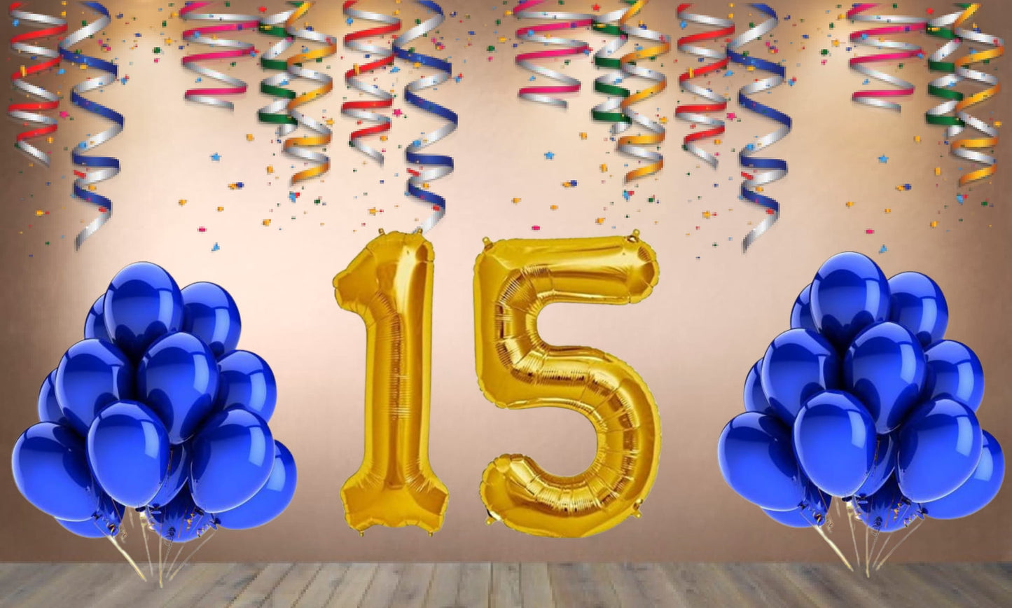 Number 15  Gold Foil Balloon and 25 Nos Blue Color Latex Balloon Combo