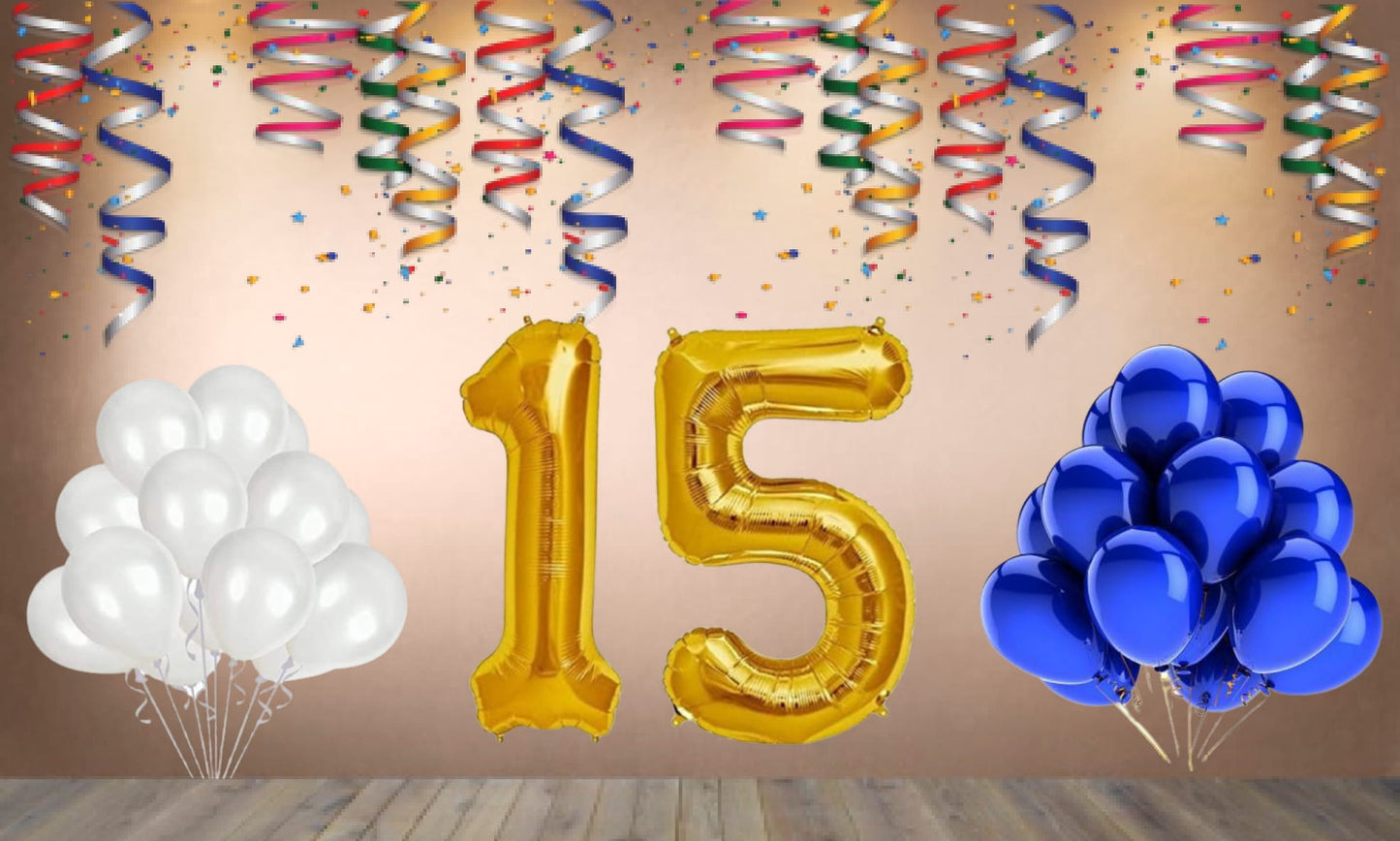 Number  15 Gold Foil Balloon and 25 Nos Blue and White Color Latex Balloon Combo