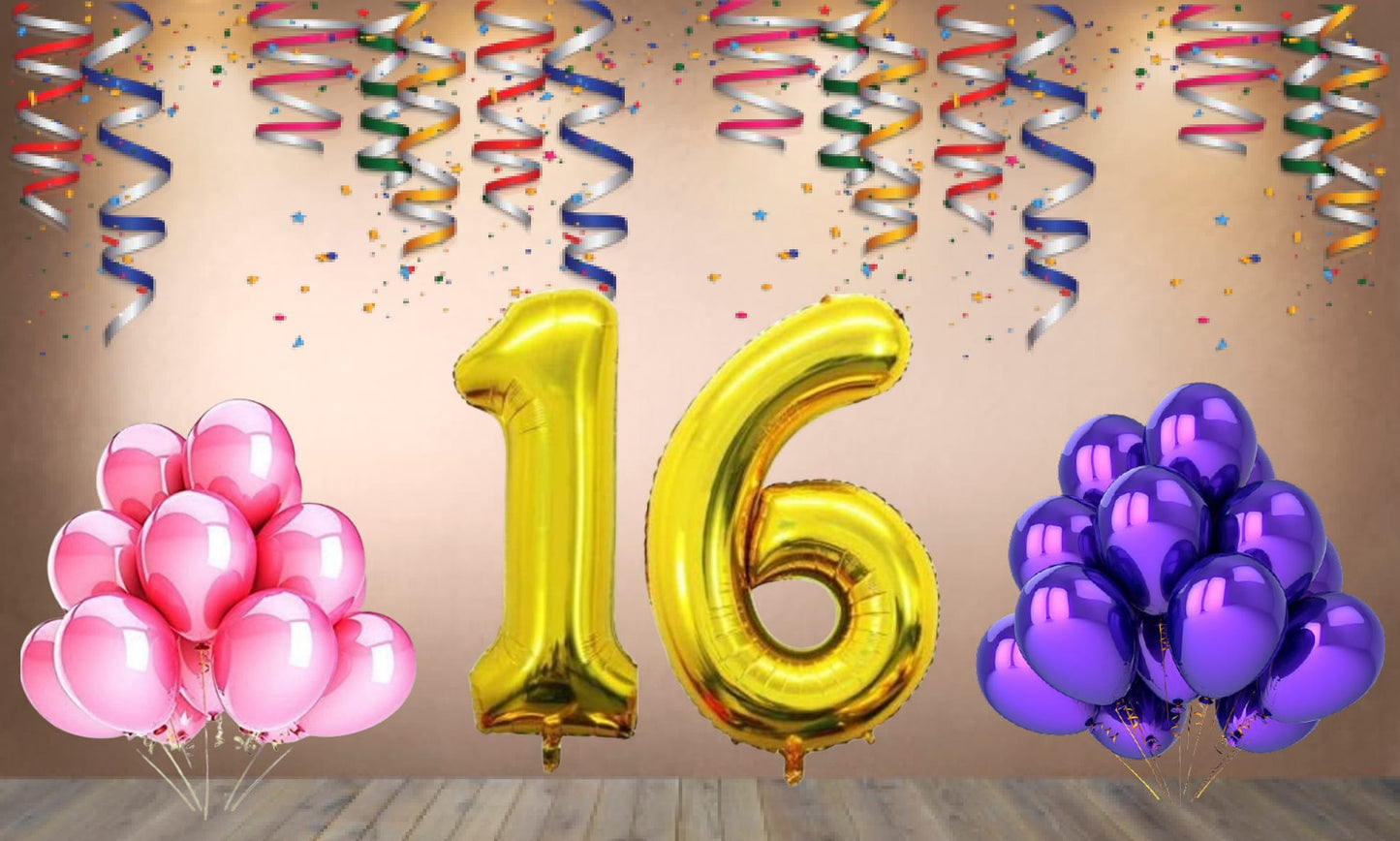 Number  16 Gold Foil Balloon and 25 Nos Pink and Purple Color Latex Balloon Combo