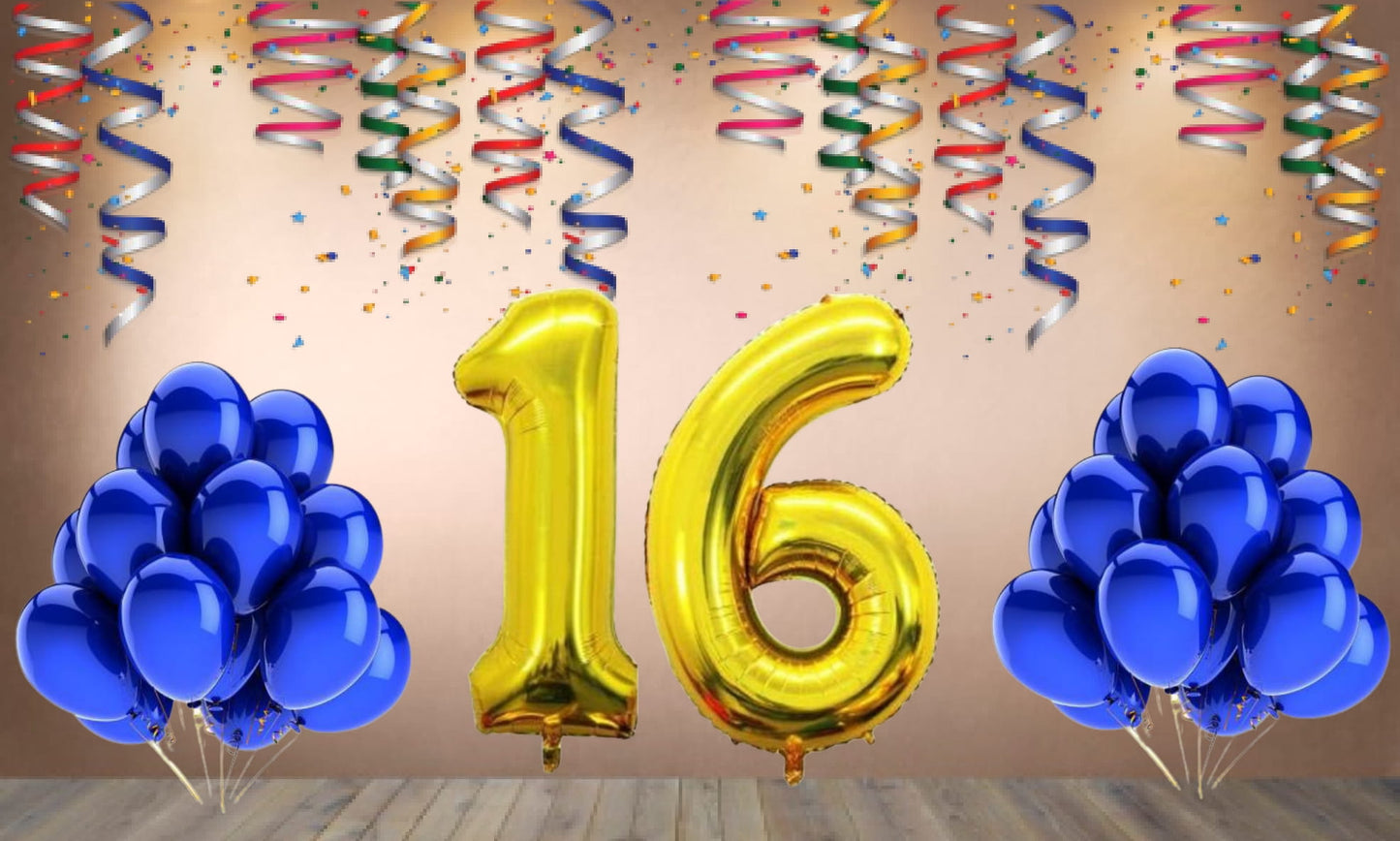 Number  16 Gold Foil Balloon and 25 Nos Blue Color Latex Balloon Combo