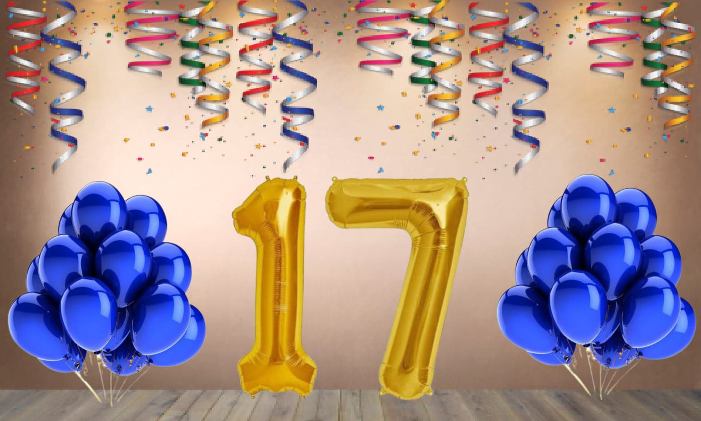 Number 17  Gold Foil Balloon and 25 Nos Blue Color Latex Balloon Combo