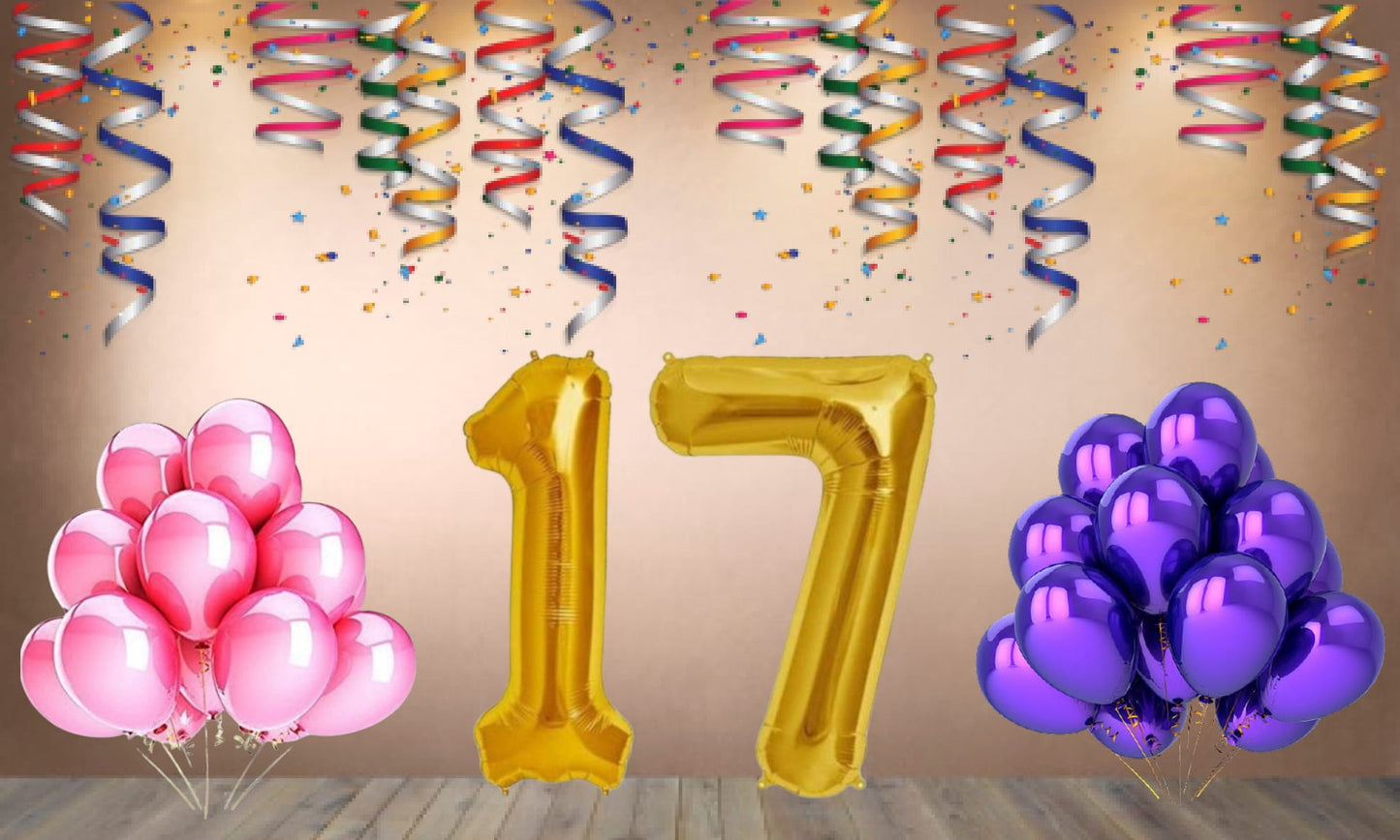 Number 17 Gold Foil Balloon and 25 Nos Pink and Purple Color Latex Balloon Combo
