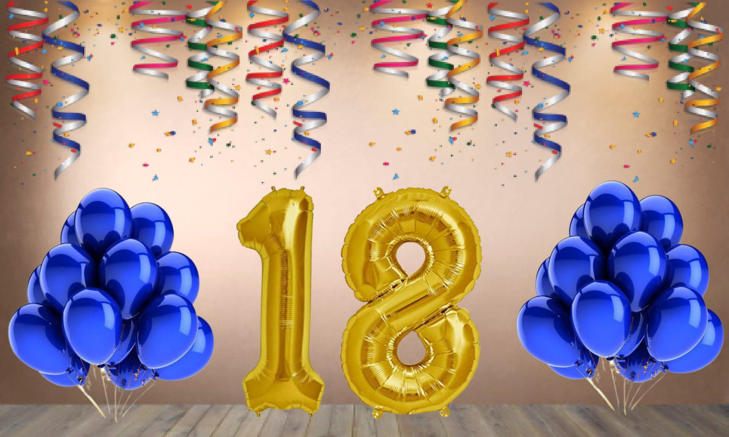 Number  18 Gold Foil Balloon and 25 Nos Blue Color Latex Balloon Combo
