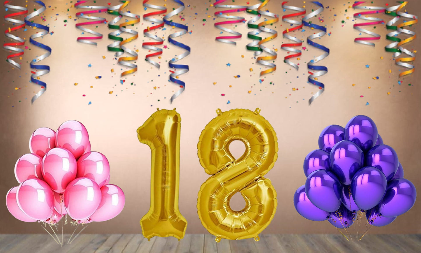 Number 18 Gold Foil Balloon and 25 Nos Pink and Purple Color Latex Balloon Combo