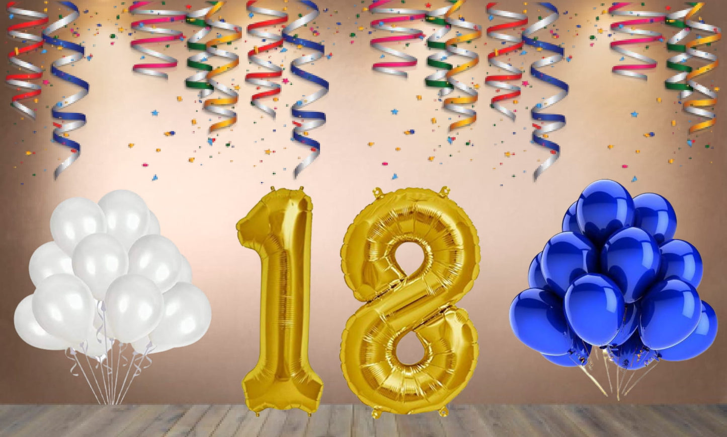 Number  18 Gold Foil Balloon and 25 Nos Blue and White Color Latex Balloon Combo