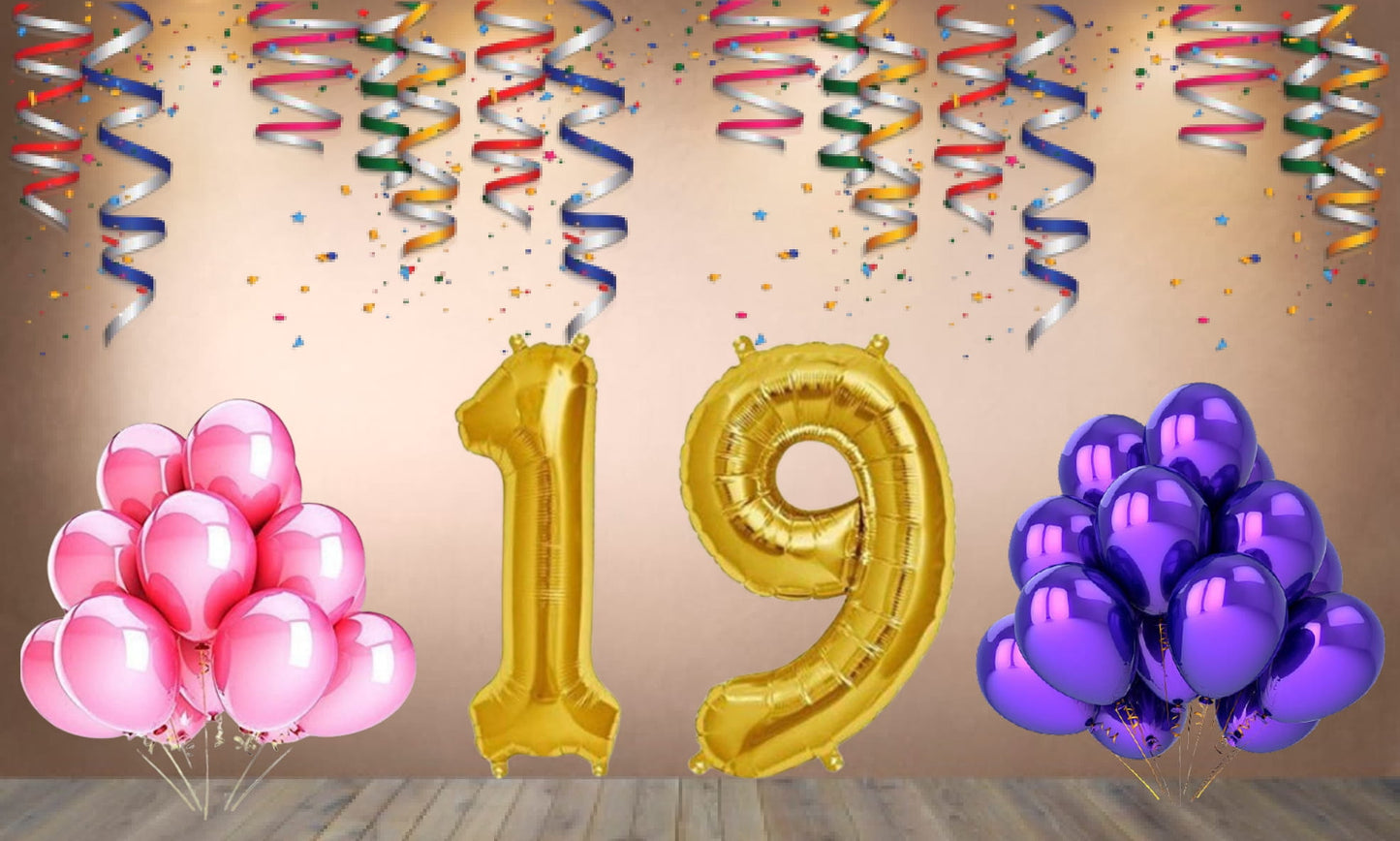 Number 19 Gold Foil Balloon and 25 Nos Pink and Purple Color Latex Balloon Combo