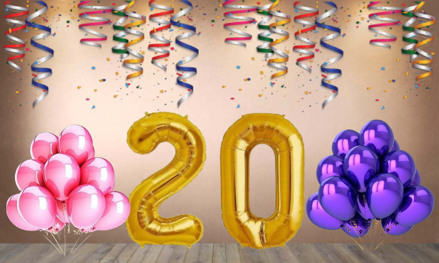 Number 20 Gold Foil Balloon and 25 Nos Pink and Purple Color Latex Balloon Combo