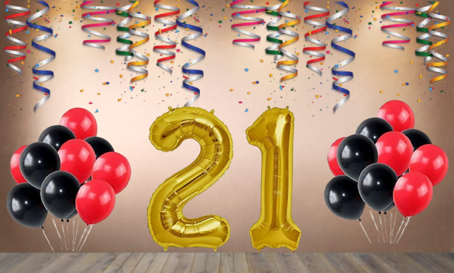 Number  21 Gold Foil Balloon and 25 Nos Black and Red Color Latex Balloon Combo