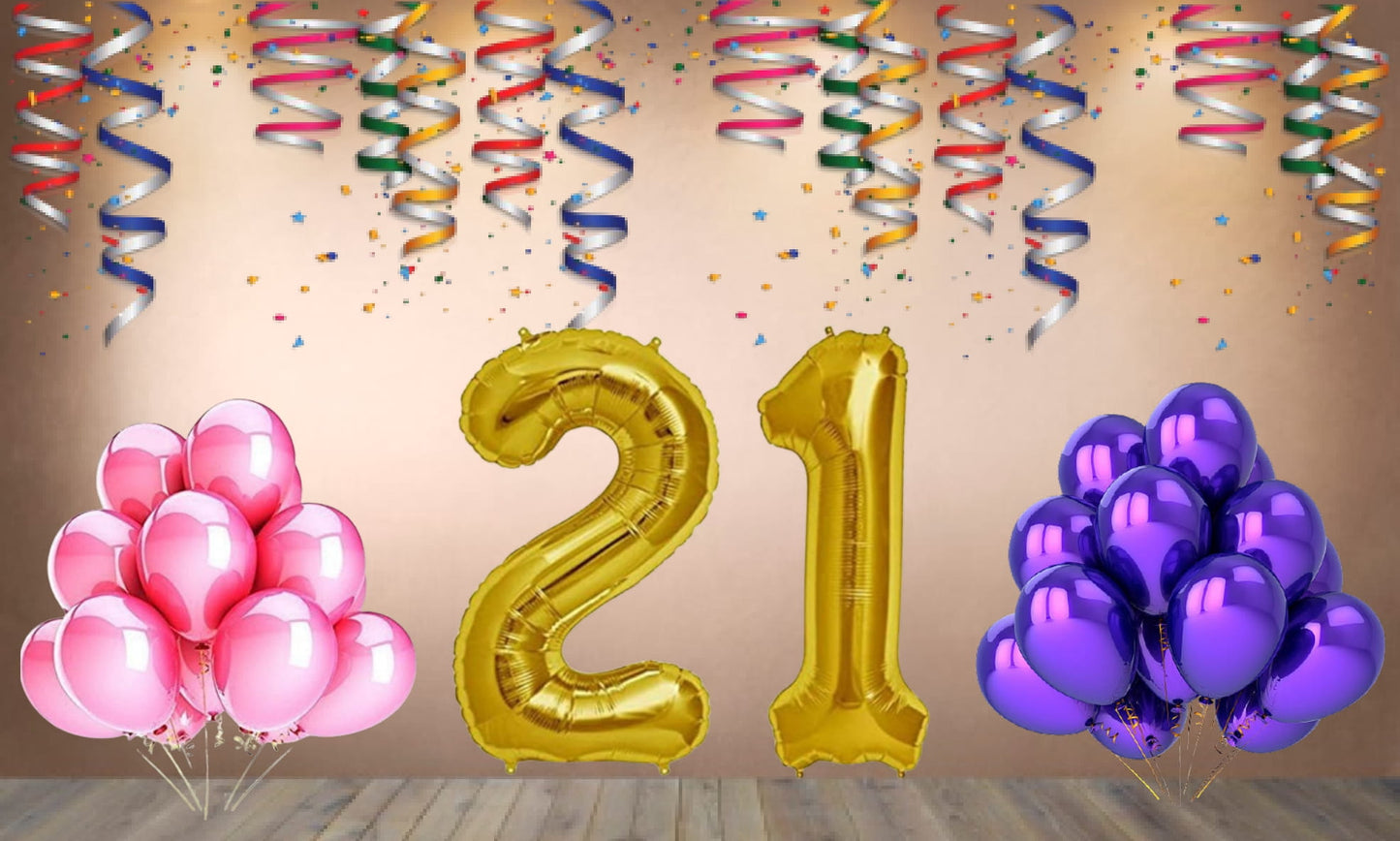 Number 21 Gold Foil Balloon and 25 Nos Pink and Purple Color Latex Balloon Combo