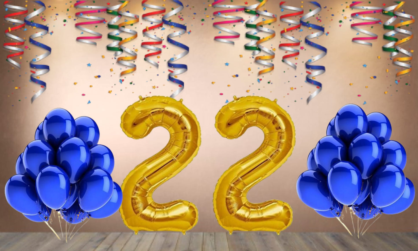 Number  22 Gold Foil Balloon and 25 Nos Blue Color Latex Balloon Combo