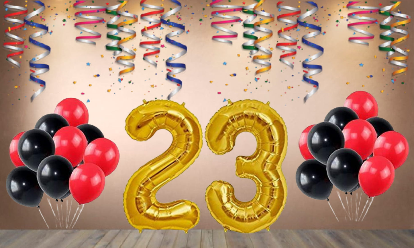 Number  23 Gold Foil Balloon and 25 Nos Black and Red Color Latex Balloon Combo