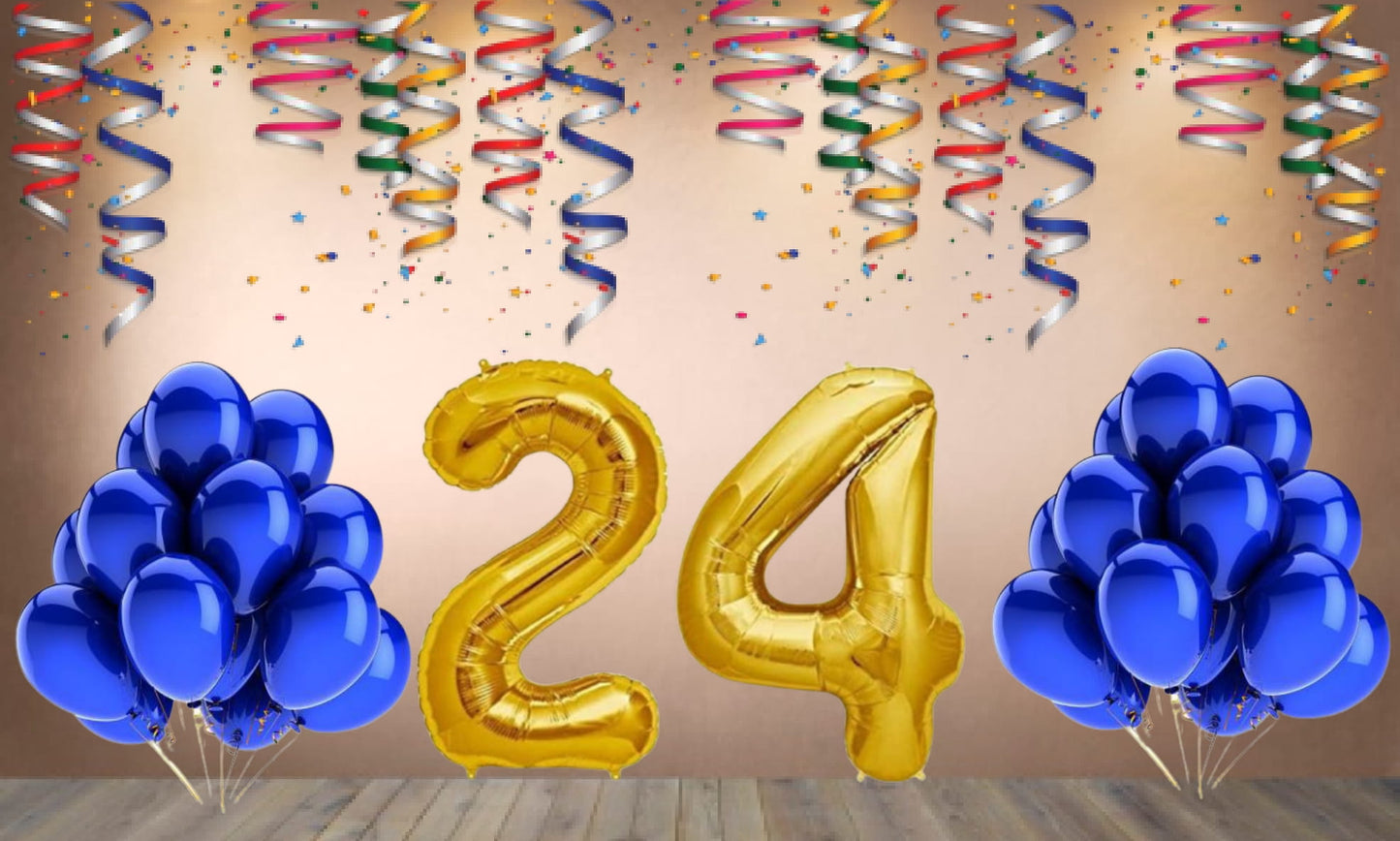Number 24  Gold Foil Balloon and 25 Nos Blue Color Latex Balloon Combo