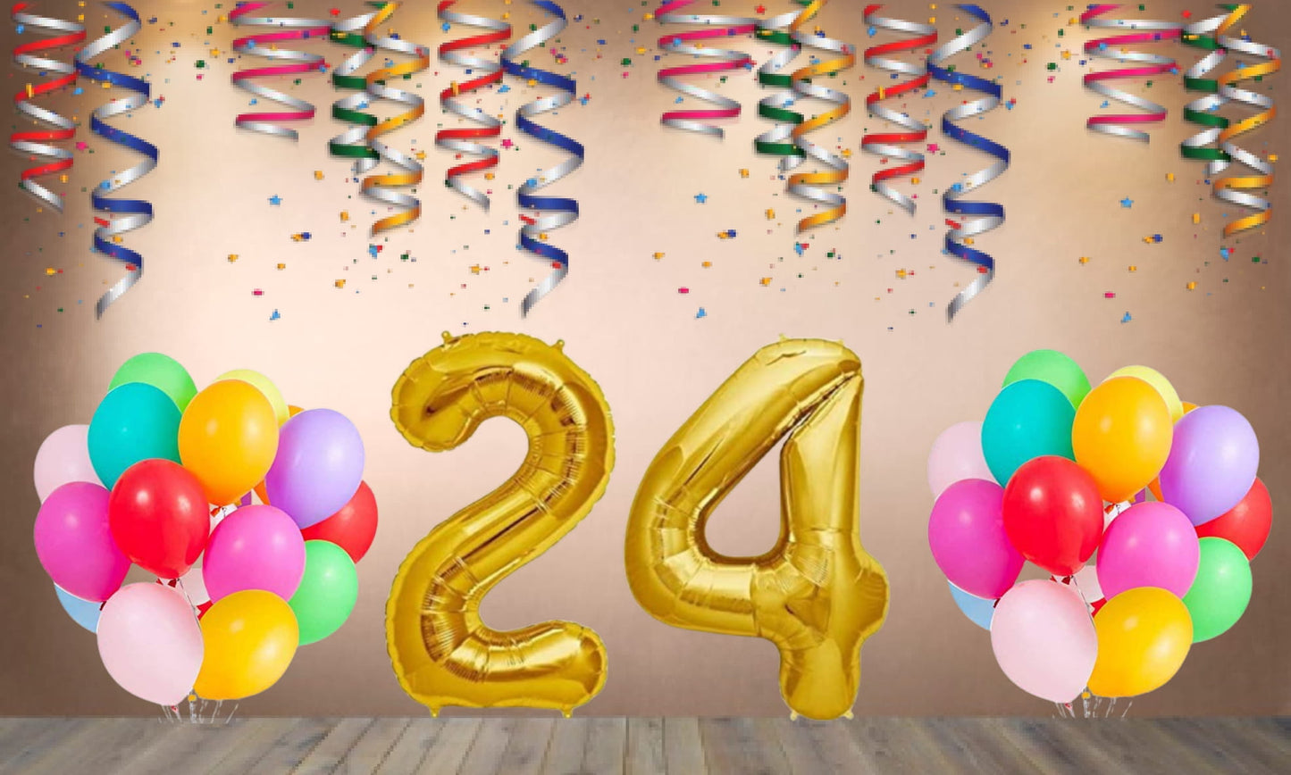 Number 24  Gold Foil Balloon and 25 Nos Multicolor Color Latex Balloon Combo