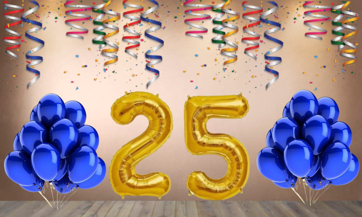 Number  25 Gold Foil Balloon and 25 Nos Blue Color Latex Balloon Combo