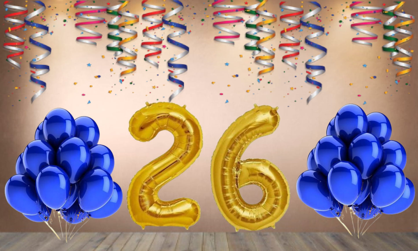 Number 26  Gold Foil Balloon and 25 Nos Blue Color Latex Balloon Combo