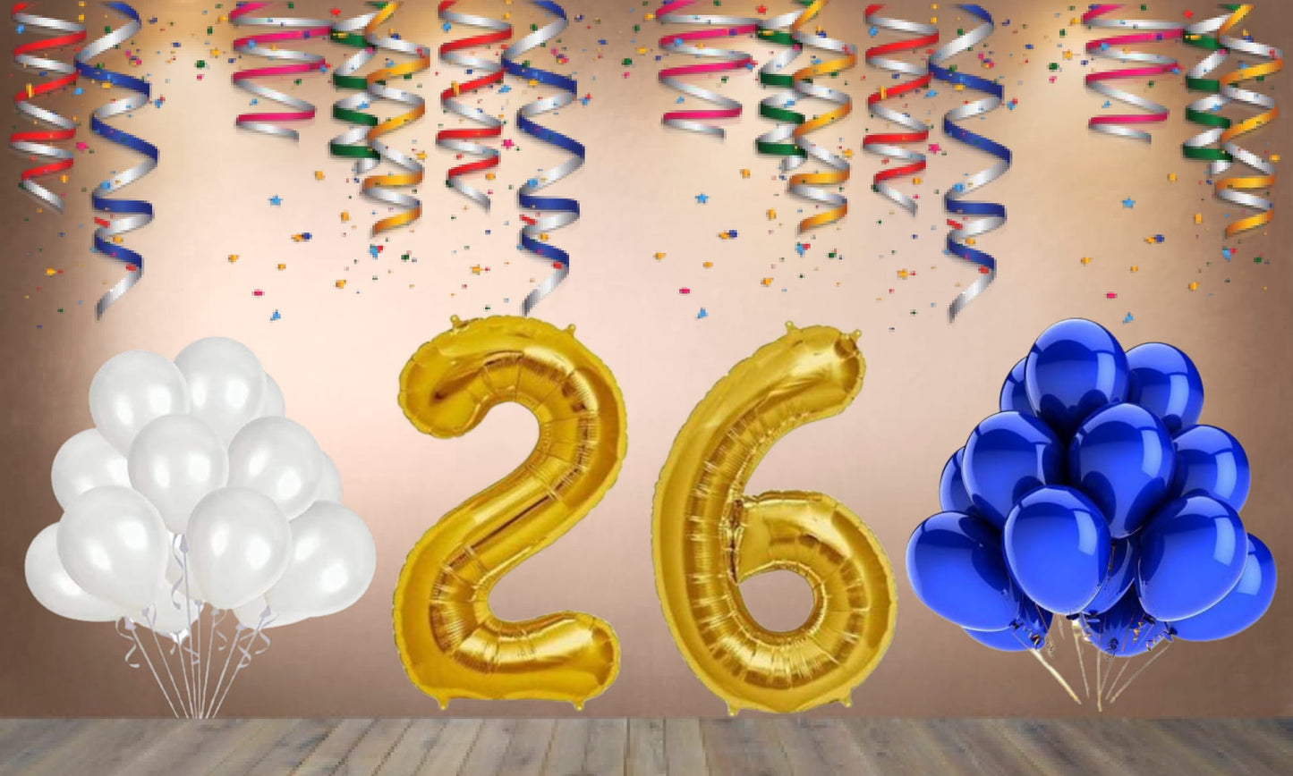Number   26 Gold Foil Balloon and 25 Nos Blue and White Color Latex Balloon Combo
