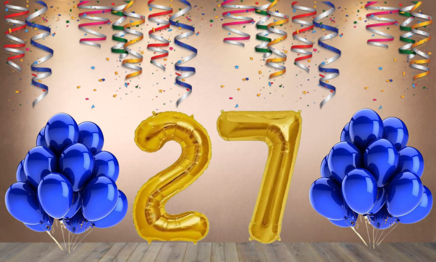 Number 27  Gold Foil Balloon and 25 Nos Blue Color Latex Balloon Combo