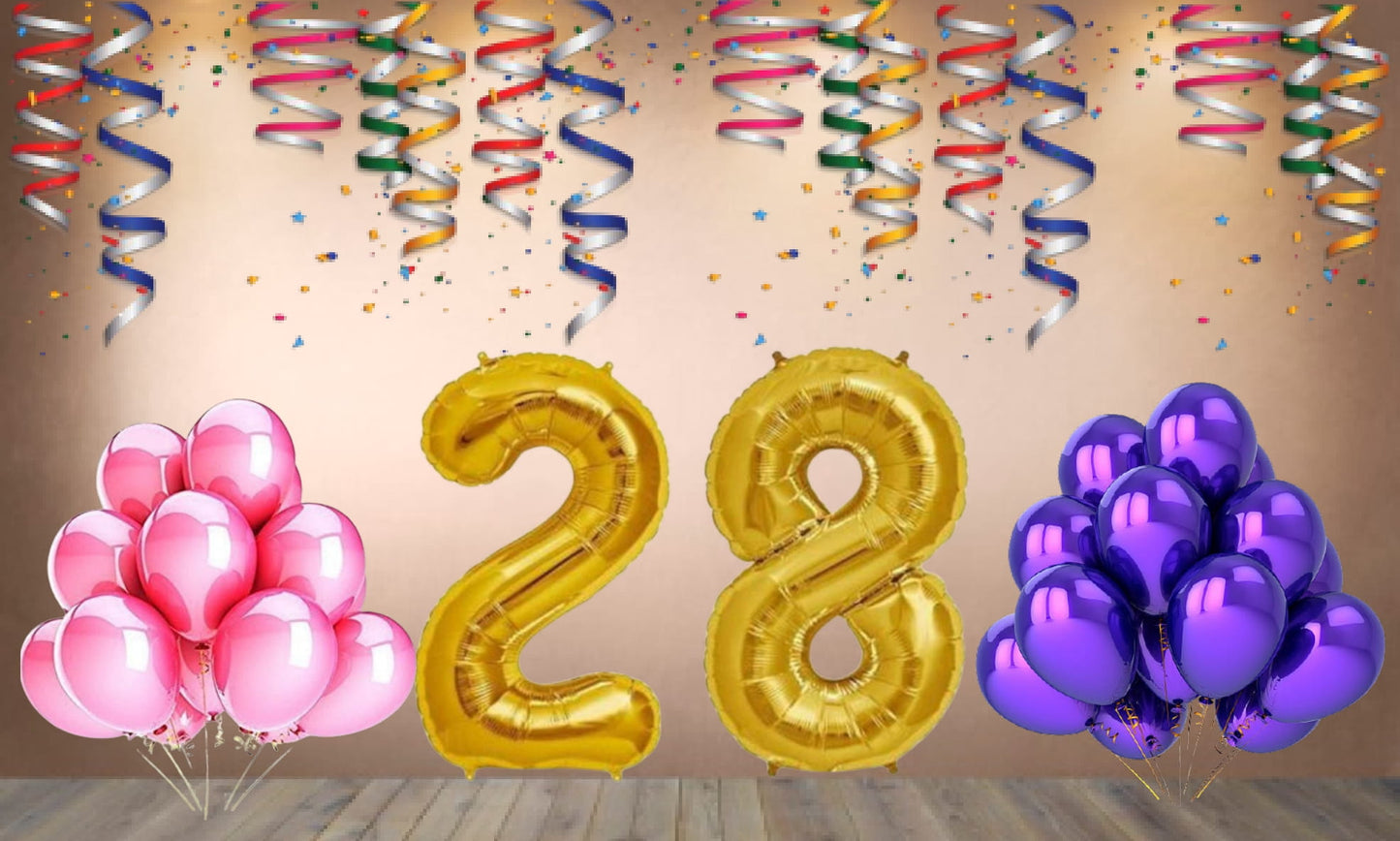 Number 28 Gold Foil Balloon and 25 Nos Pink and Purple Color Latex Balloon Combo