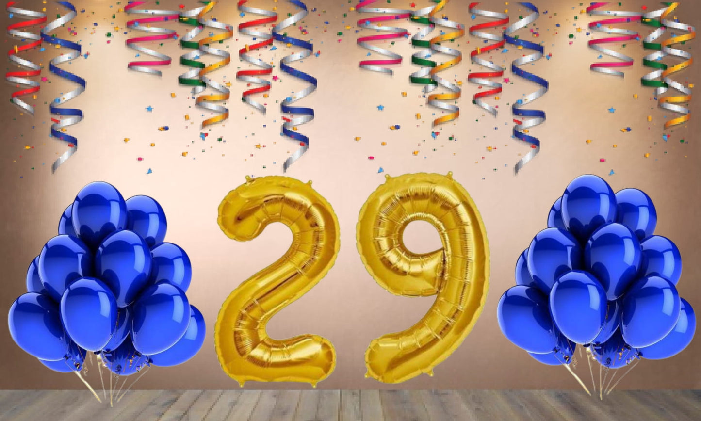 Number 29  Gold Foil Balloon and 25 Nos Blue Color Latex Balloon Combo