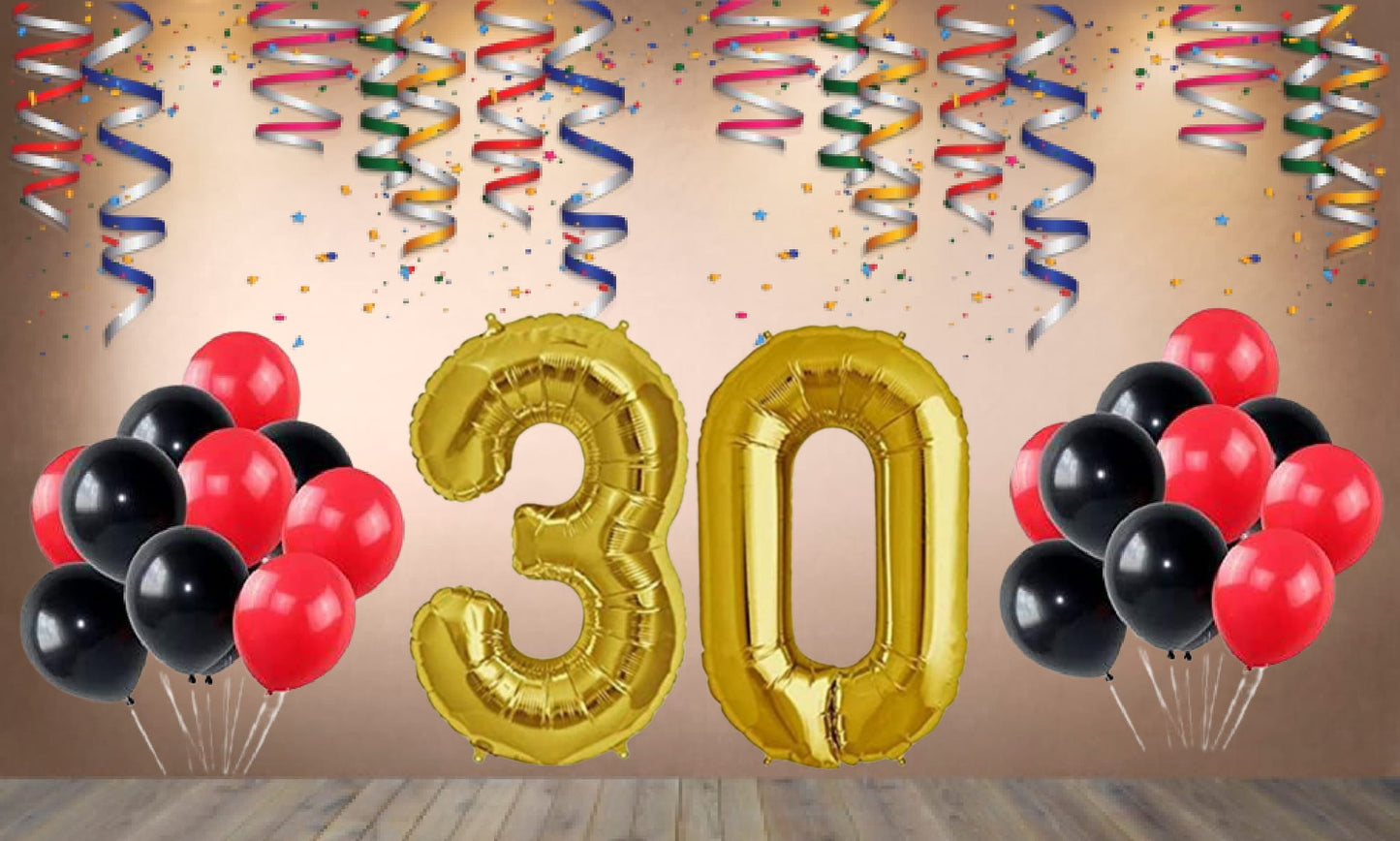 Number 30  Gold Foil Balloon and 25 Nos Black and Red Color Latex Balloon Combo
