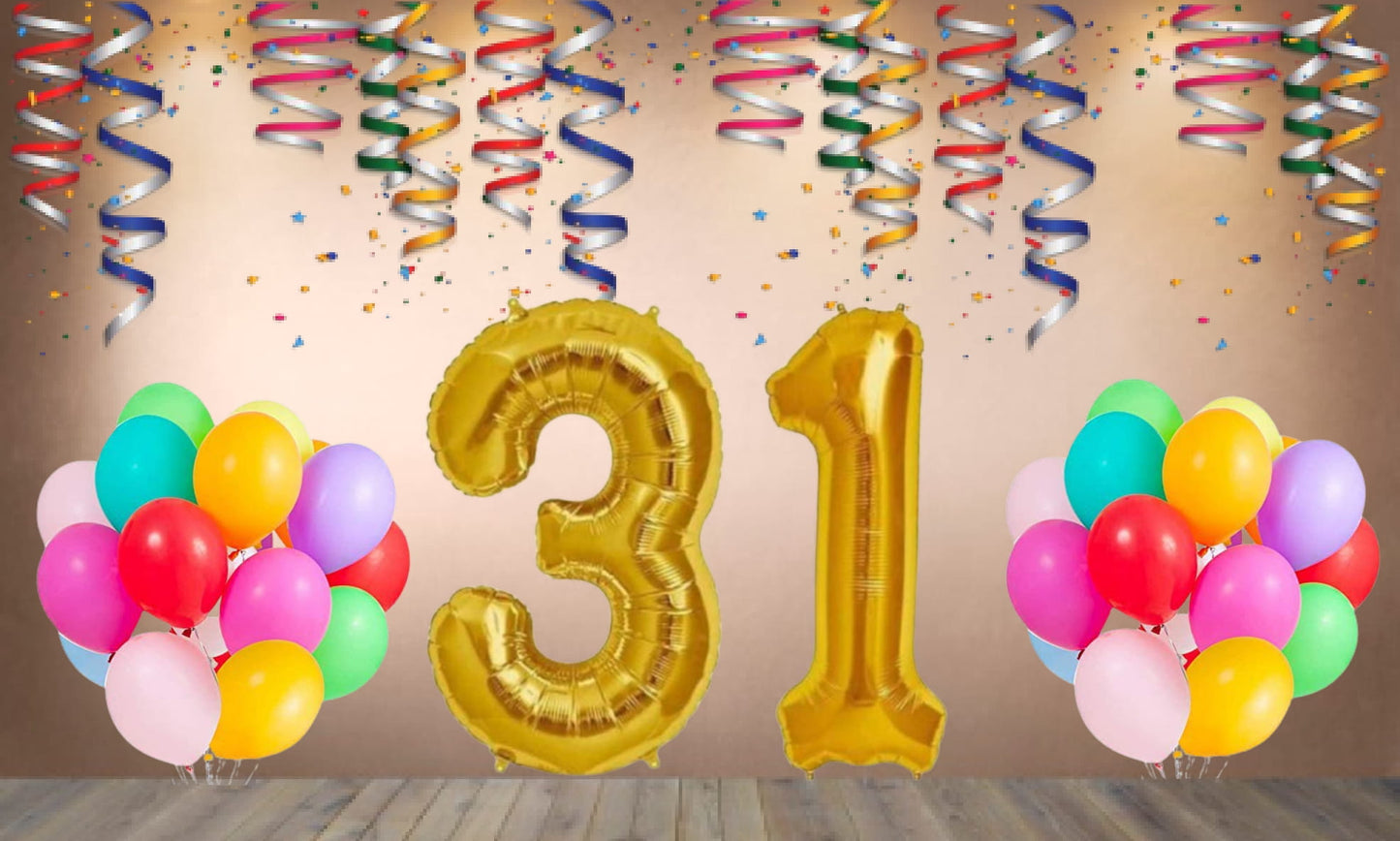Number  31 Gold Foil Balloon and 25 Nos Multicolor Color Latex Balloon Combo