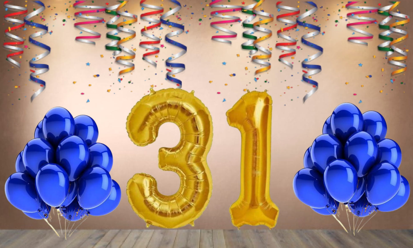 Number  31 Gold Foil Balloon and 25 Nos Blue Color Latex Balloon Combo