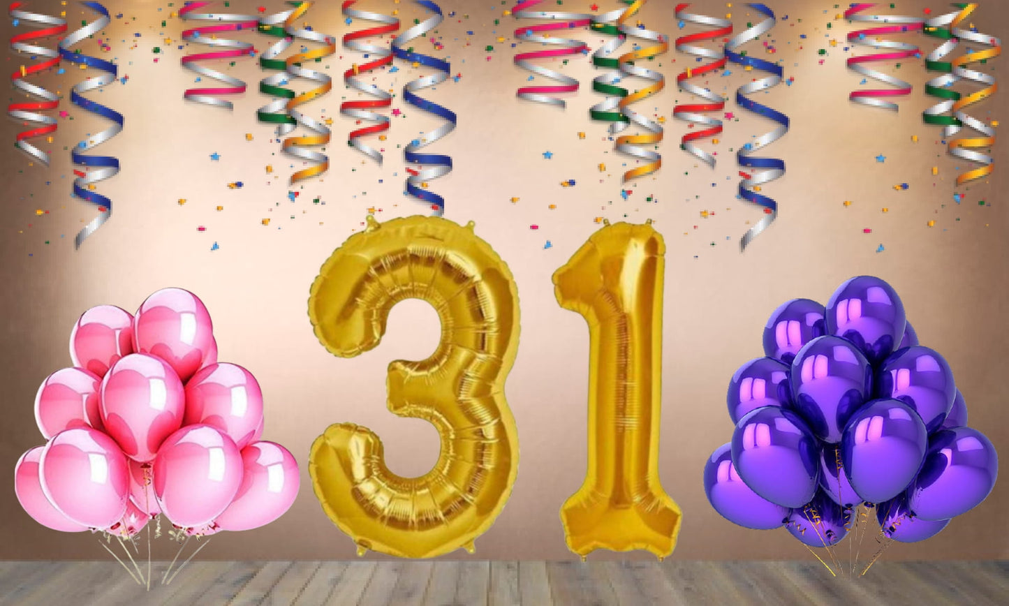 Number 31 Gold Foil Balloon and 25 Nos Pink and Purple Color Latex Balloon Combo
