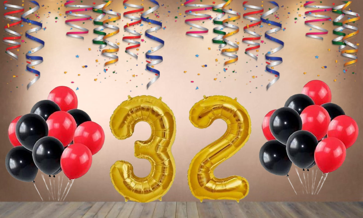 Number 32 Gold Foil Balloon and 25 Nos Black and Red Color Latex Balloon Combo