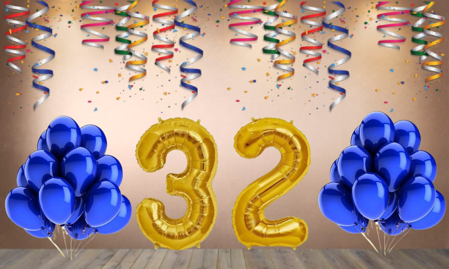 Number  32 Gold Foil Balloon and 25 Nos Blue Color Latex Balloon Combo