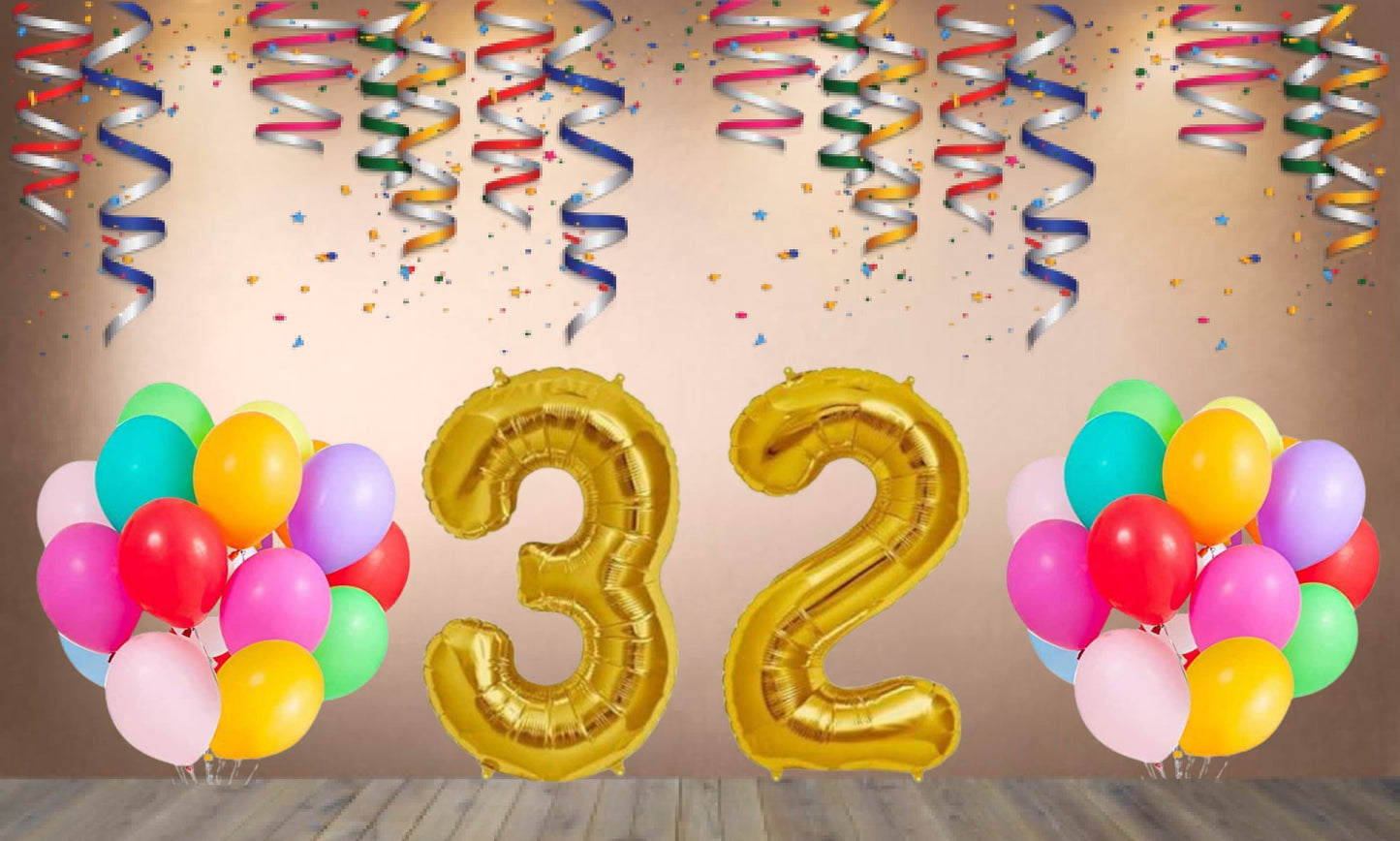 Number  32 Gold Foil Balloon and 25 Nos Multicolor Color Latex Balloon Combo