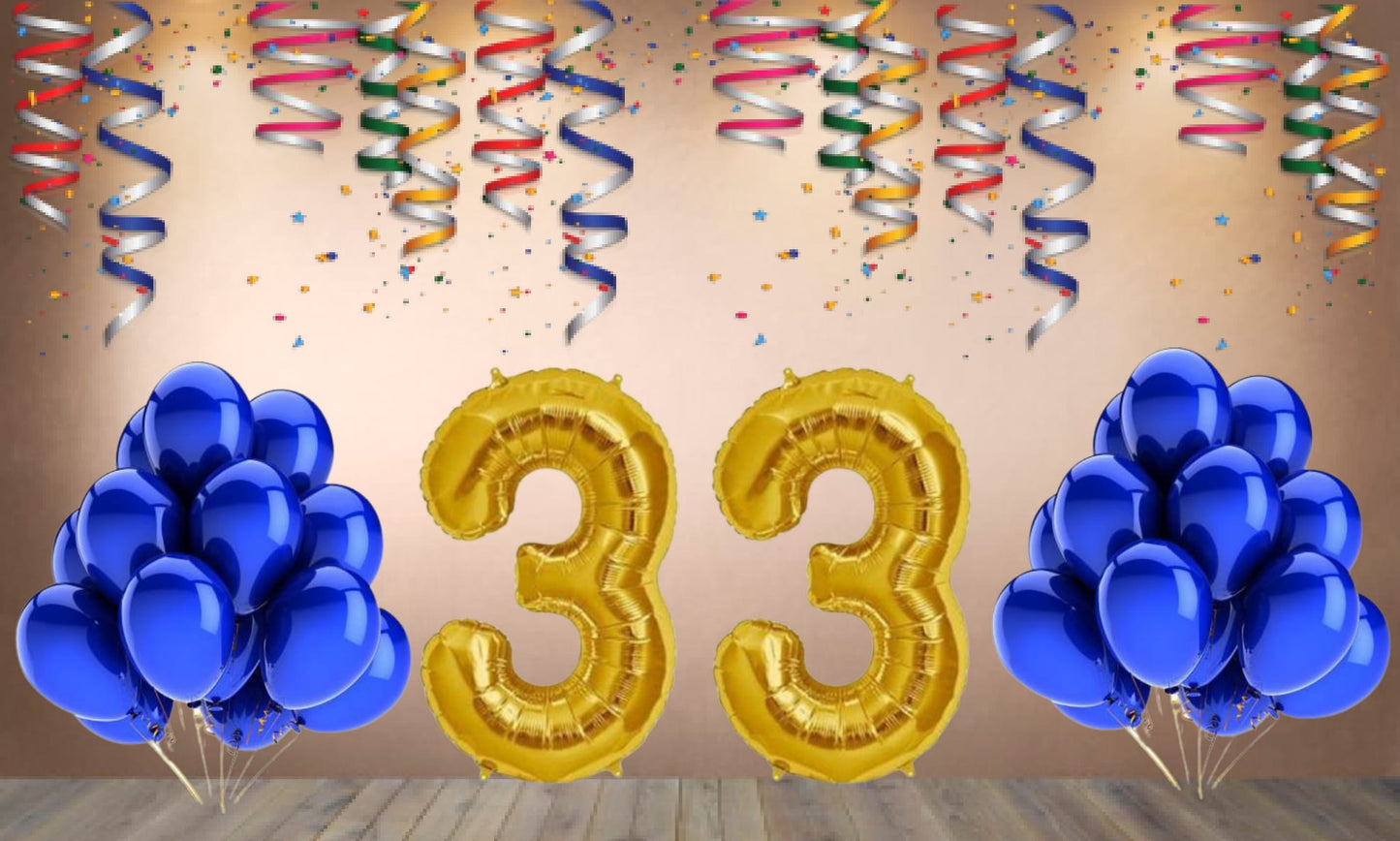 Number 33  Gold Foil Balloon and 25 Nos Blue Color Latex Balloon Combo