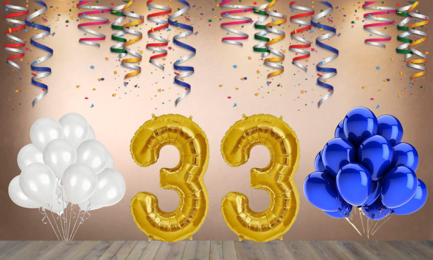 Number 33  Gold Foil Balloon and 25 Nos Blue and White Color Latex Balloon Combo