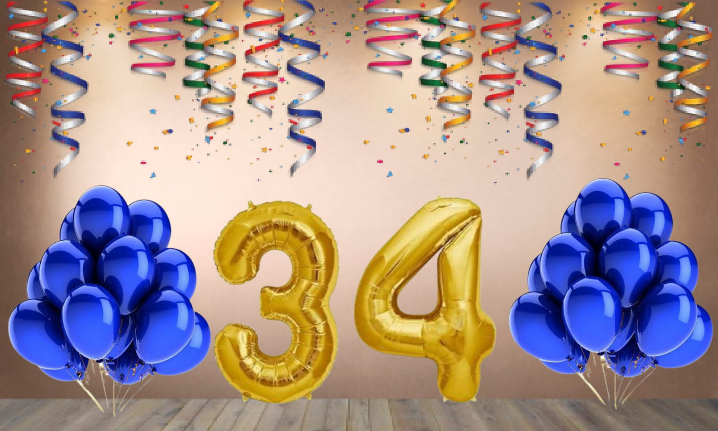 Number  34 Gold Foil Balloon and 25 Nos Blue Color Latex Balloon Combo