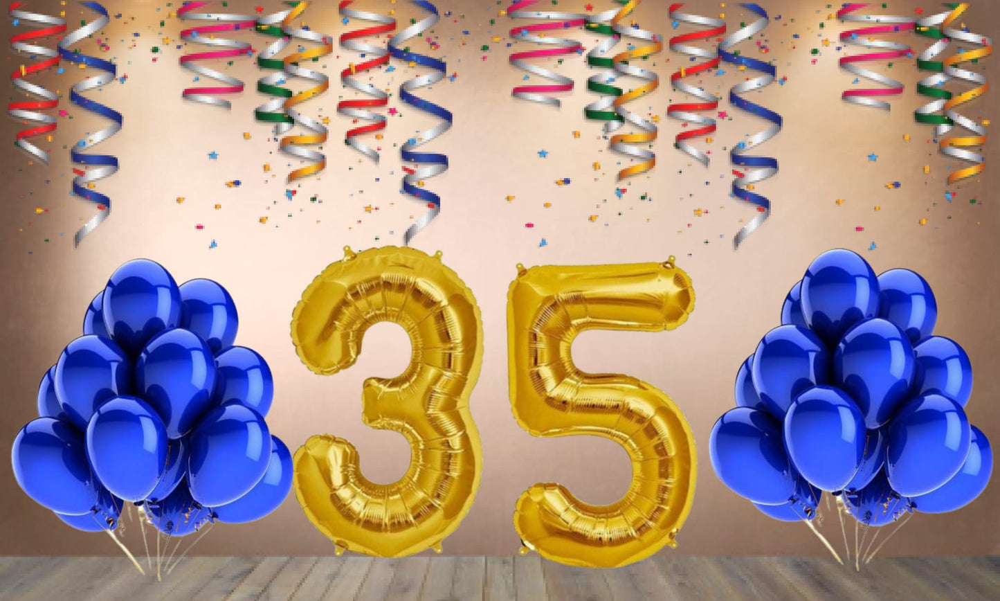 Number  35 Gold Foil Balloon and 25 Nos Blue Color Latex Balloon Combo