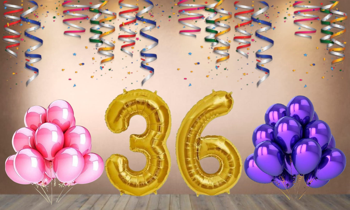 Number 36 Gold Foil Balloon and 25 Nos Pink and Purple Color Latex Balloon Combo