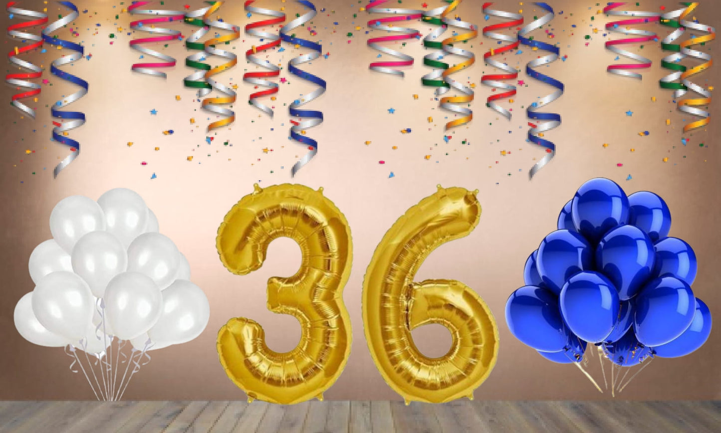 Number  36  Gold Foil Balloon and 25 Nos Blue and White Color Latex Balloon Combo