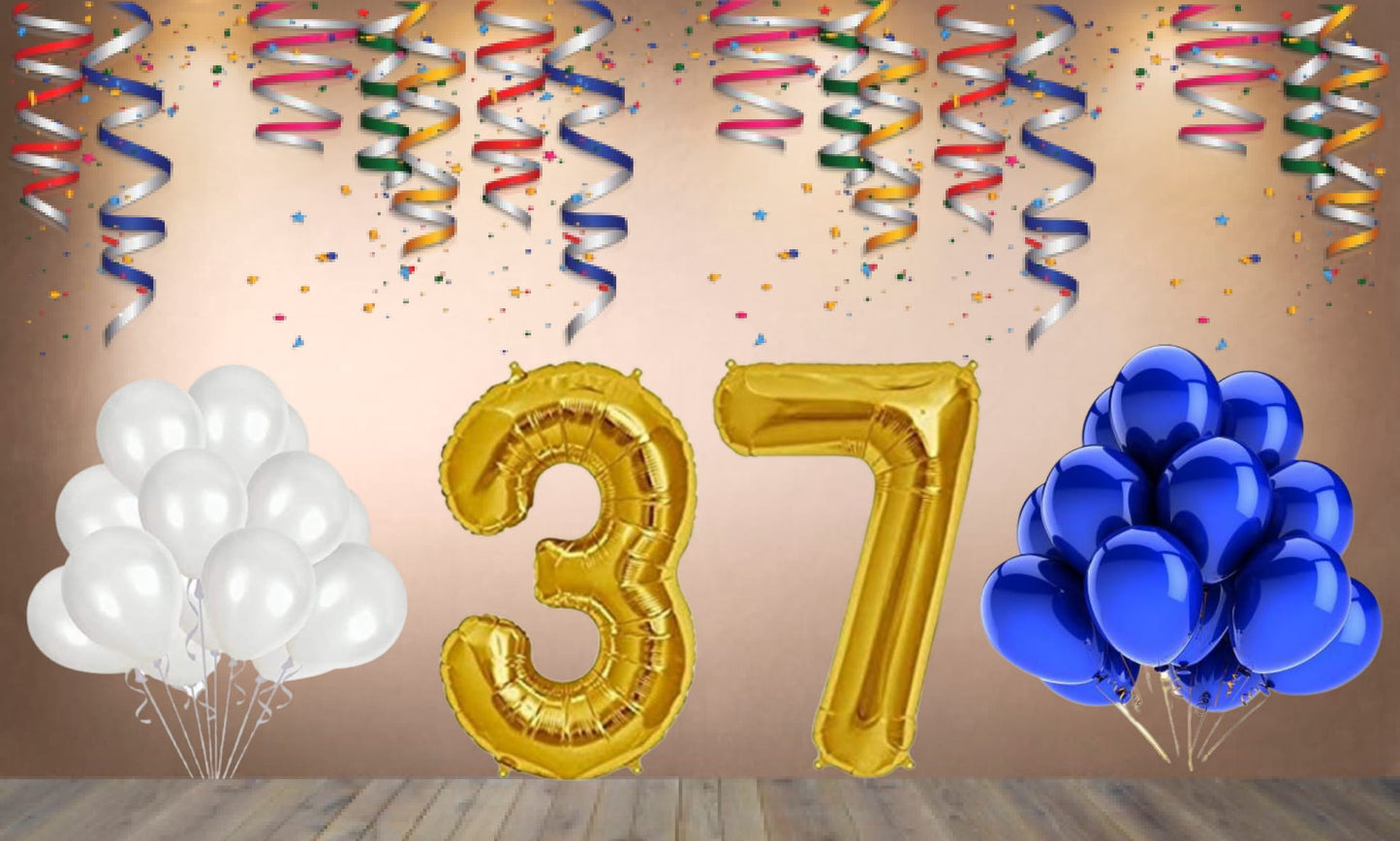 Number  37  Gold Foil Balloon and 25 Nos Blue and White Color Latex Balloon Combo